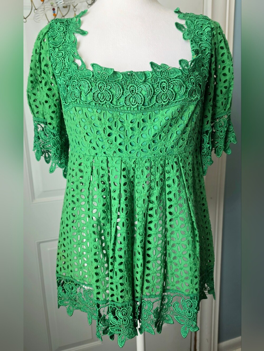 Y2K Vintg Moda International Eyelet Lace Boho Babydoll Top Womens 6 Kelly Green